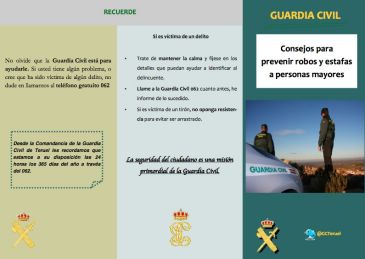 La Guardia Civil de Teruel recuerda en un tríptico los consejos para prevenir robos y estafas a personas mayores