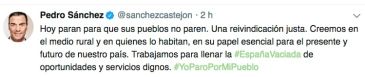 El presidente del Gobierno en funciones muestra su apoyo al paro en Twitter y dice que su Ejecutivo trabaja para llenar los pueblos