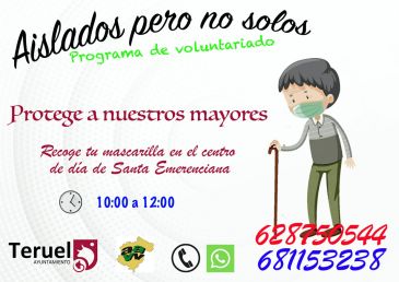 El Ayuntamiento de Teruel reparte a partir de este lunes mascarillas a través del programa de voluntariado Aislados pero no solos