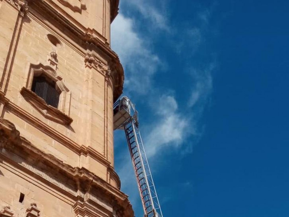 Bomberos de la Diputación retiran once nidos de cigüeña de la Iglesia Santa María La Mayor de Alcañiz