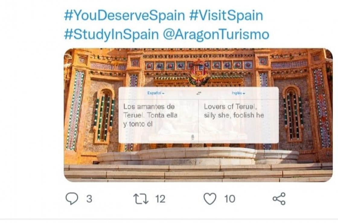Turespaña retira la campaña que promocionaba Teruel en Twitter con el lema 'Los Amantes de Teruel tonta ella y tonto él' en español y en inglés tras la queja del Ayuntamiento