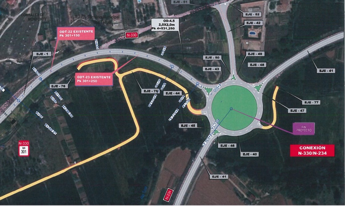 Comienzan los trabajos de construcción de la glorieta que enlazará las carreteras N-330 y la N-234 en Teruel