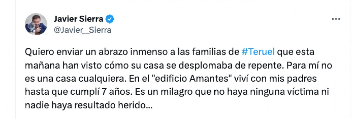 El escritor Javier Sierra se solidariza con los turolenses del edificio derrumbado, en el que vivió hasta que cumplió 7 años