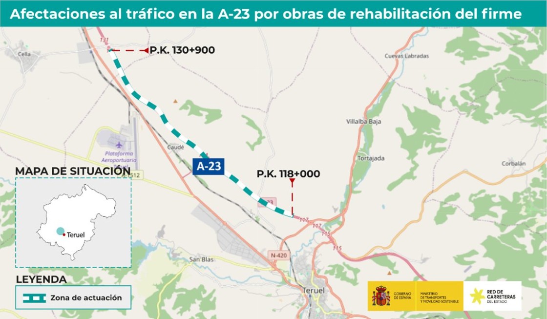 El tráfico entre Teruel y Santa Eulalia se desviará a partir del lunes por obras en la autovía A‐23