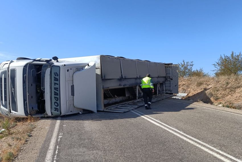 Herido grave el conductor de un camión que transportaba 580 cerdos al salirse de la carretera y volcar en el término de Muniesa