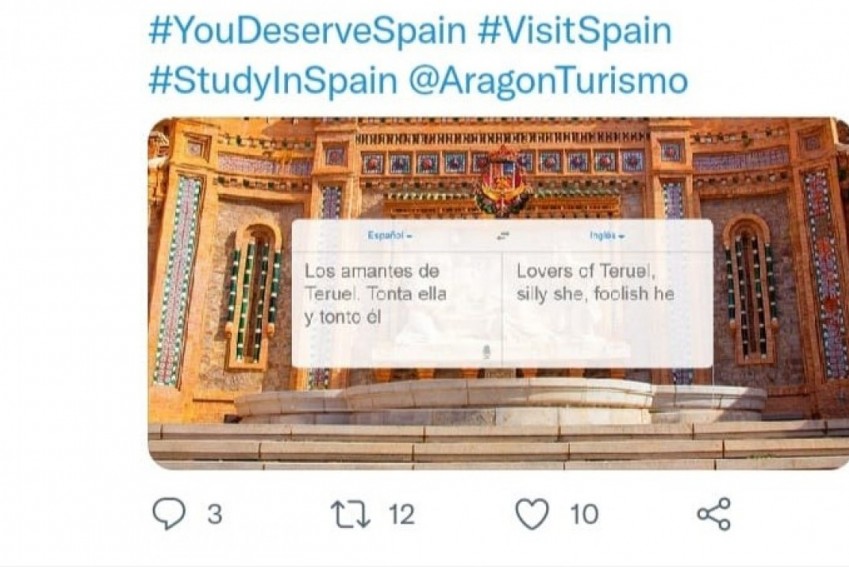 Turespaña retira la campaña que promocionaba Teruel en Twitter con el lema 'Los Amantes de Teruel tonta ella y tonto él' en español y en inglés tras la queja del Ayuntamiento