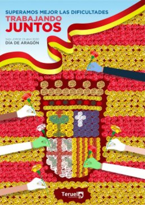 Un cartel recrea virtualmente la elaboración de la bandera y el escudo de Aragón con flores que tradicionalmente se lleva a cabo en la Plaza del Torico el 23 de abril