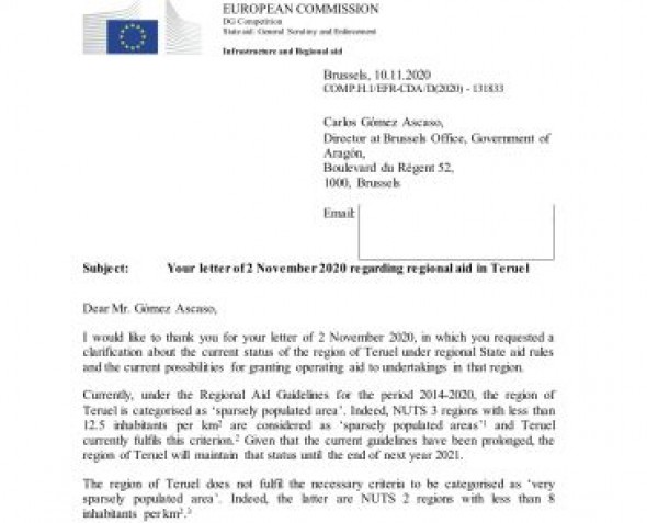 La Comisión Europea desmiente que Teruel tenga ahora derecho a ayudas fiscales al funcionamiento empresarial